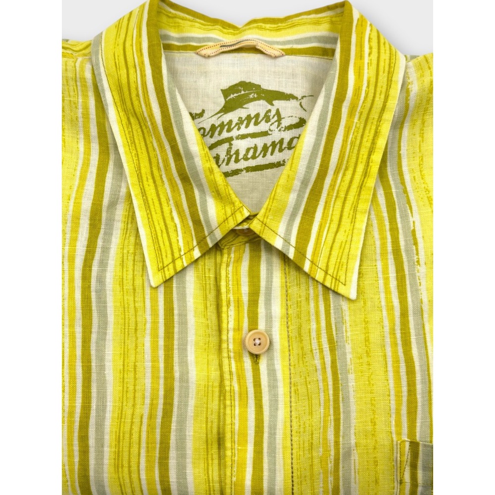 Tommy Bahama Striped 100% Linen Shirt Mens XL Yellow Green Button Front Tropical